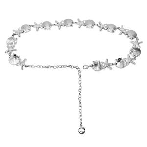 Adjustable silver starfish and shell metal waist chain belt for women's dress
