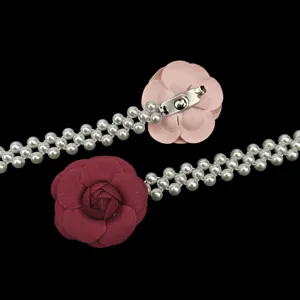 Elegant French camellia pearl elastic waist chain for dresses in red and pink colors