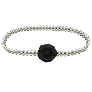 Elegant French style elastic pearl waist belt with a black camellia flower for dresses