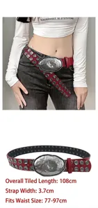 Detail view of heavy rivet punk belt with large oval buckle and size specification text.