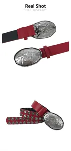 Close-up of heavy duty punk belt with silver rivets and irregular buckle