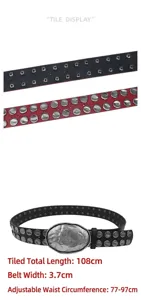 Close-up showing the heavy metal rivet details and hammered oval buckle of the punk belt