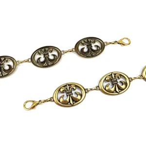 Vintage antique gold metal waist chain belt with Fleur-de-lis oval links for women