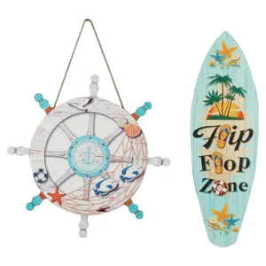 Wooden nautical wall hanging decor set including ship wheel and surfboard sign for beach home.