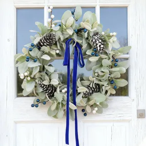 Artificial Lambs Ear Pinecone Wreath With Blue Berries Velvet Ribbon Christmas Thanksgiving Door Decoration Home Wreath