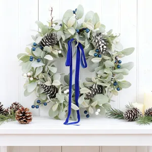 Elegant artificial lamb's ear wreath with pine cones and blue berries for home decor