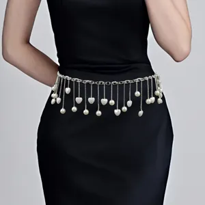 Mode Kwastje Kunstparel Taille Ketting Voor Vrouwen Hart Hanger Metalen Schakelriem Voor Jurk Banket Buikdans Sieraden