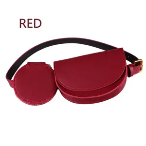 Juego de Cinturón de Mujer de Cuero Artificial con Doble Sub-bolsa Semicírculo y Redonda Rojo Negro Cinturón Riñonera Decorativo