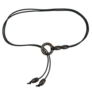 Ceinture fine pour femme en corde de cuir PU noir avec anneau et perles en bois rétro