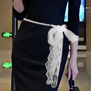 Elegant pearl waist chain belt for women with intricate white lace bow and embroidery