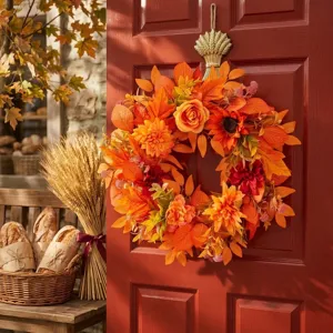 Thanksgiving Harvest Wreath Orange Red Maple Leaf Sunflower Door Hanging Wreath Fall Festival Decorative Garland For Home