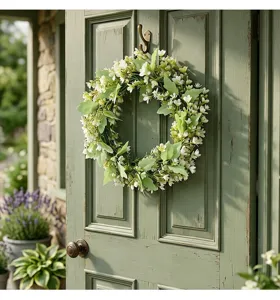 Détail d'une couronne d'eucalyptus avec des fleurs blanches sur une porte verte rustique