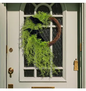 Dettaglio della ghirlanda di corvi di Halloween, vite di muschio verde finto e uccello nero.