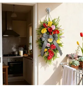 Adorno de flores artificiales para puerta con rosas de colores y lazo a rayas