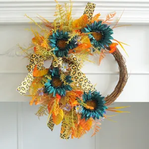 Ghirlanda di girasole blu artificiale con nastri leopardati e fogliame autunnale decorativo