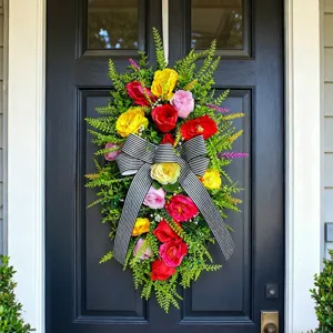 Adorno De Puerta De Flores Artificiales Con Lazo A Rayas Corona Floral Rústica Para Puerta De Entrada Pared Hogar