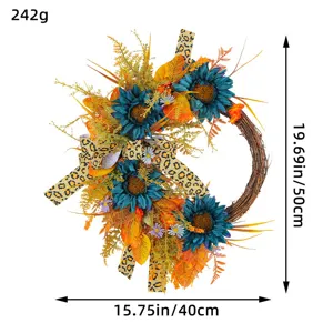 Corona di girasoli blu artificiali con nastro leopardato, decoro autunno 50x40cm