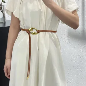 Elegant women's brown PU leather rope belt with gold buckle for dress decoration