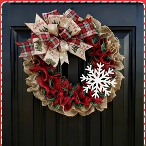 Amerikanischer Landhausstil Weihnachts-Jute-Kranz Mit Schneeflocke Schleife Rot Grün Netzband Für Haustür Haus Party Dekoration Merry Christmas Girlande