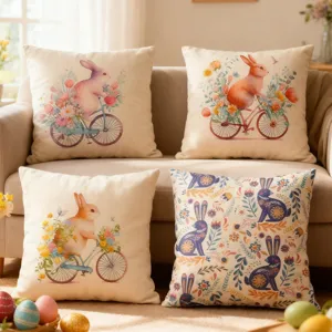 Easter Bunny Throw Pillow Cover Watercolor Floral Rabbit Bicycle Print Cotton Linen Cushion Case For Sofa Home Decor