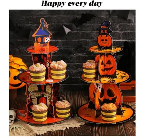 Detailed view of 3-tier Halloween pumpkin cardboard cupcake stands for spooky party decor
