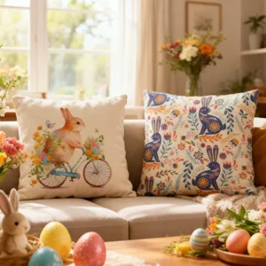 Decorative Easter throw pillow covers with cute rabbit designs on a cozy living room sofa