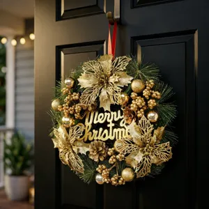 Elegant luxury gold Christmas wreath with artificial pine and Merry Christmas sign on door