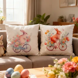 Easter bunny throw pillow covers with watercolor rabbit riding bicycle floral design