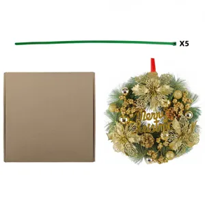 Elegant gold Christmas wreath with sequins and pine branches for door decoration and box