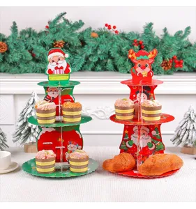 Close-up of 3-tier Christmas paper cupcake stand featuring Santa and reindeer motifs.