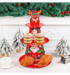 3-tier Christmas paper cupcake stand with Santa and snowman illustrations in party setting