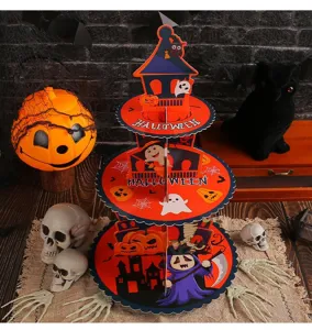 Detailed view of 3-tier Halloween cardboard cupcake stand with festive pumpkin decor