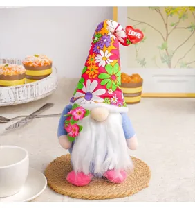 Colorful floral hat gnome doll holding pink flowers with LOVE heart detail decoration