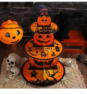 Detailed view of the three-tier Halloween pumpkin paper cupcake stand with spooky designs