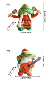 Detailed product specifications showing size and weight for Mexican fiesta gnome plush dolls