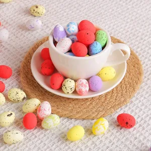 Colorful mini Easter spotted eggs in a white cup for festive holiday table decoration