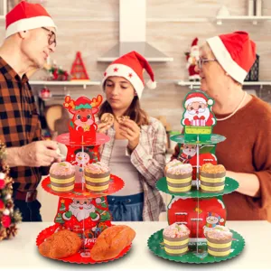 3-tier Christmas paper cupcake stand with festive Santa and reindeer designs for parties