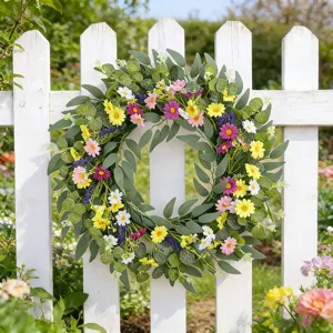 Couronne de Fleurs Sauvages Printanières Couronne Artificielle d'Eucalyptus et de Marguerites pour Porte d'Entrée Maison