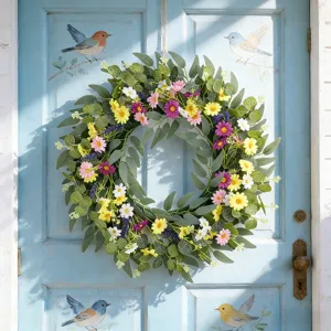 Couronne de fleurs printanières avec feuilles d'eucalyptus pour décoration de porte