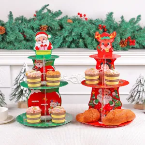 Festive 3-tier Christmas paper cupcake stand featuring Santa Claus and Reindeer designs