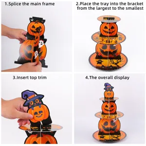 Instructional assembly steps for 3-tier Halloween pumpkin paper cupcake stand decoration