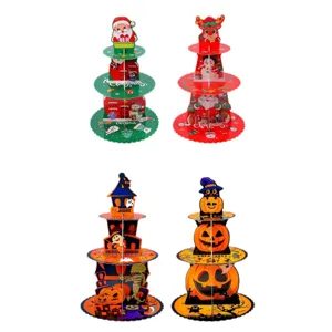 Festive 3-tier paper cupcake stand set featuring Halloween and Christmas holiday designs