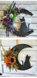 Details of Halloween crescent moon cat wreaths featuring purple and orange floral designs