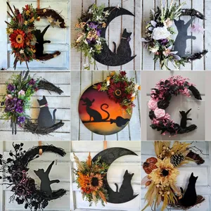 Halloween Moon Cat Wreath Artificial Floral Door Hanging Wreath Twig Rattan Garland For Front Door Wall Porch Decoration
