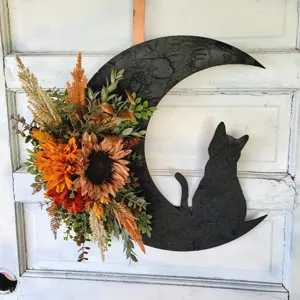Halloween moon cat wreath door hanging decoration with sunflowers and autumn leaves