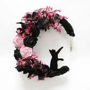 Halloween moon wreath with black cat silhouette and pink roses