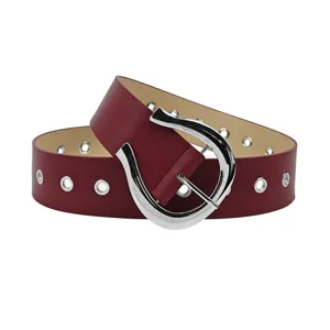Burgundy wide PU leather belt for women with grommet eyelets and silver U-buckle