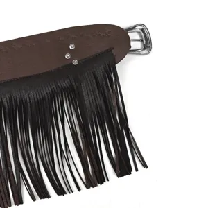 Vintage Western style brown leather fringe wide belt with rivets and silver buckle