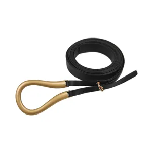 Trendy black leather belt with matte gold horseshoe buckle for women's dresses.