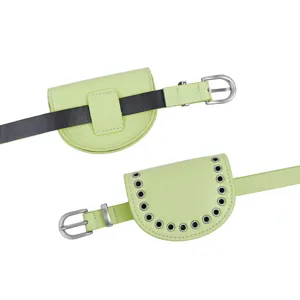 Light green fashion waist belt with small semi-circle pouch and silver-toned grommets